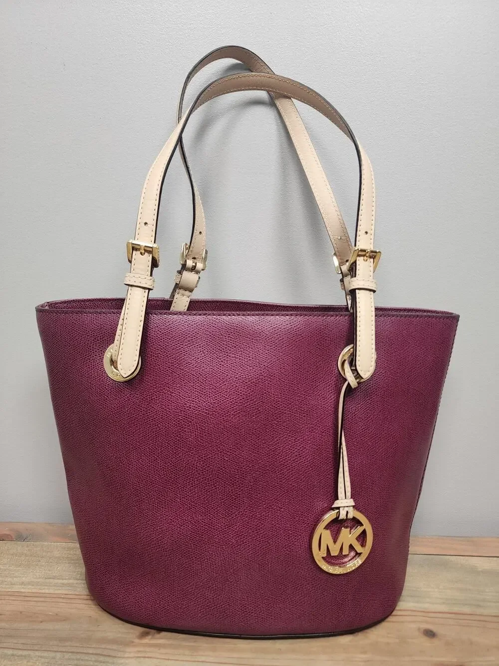Michael Kors Burgundy Tote Shoulder Bag Gold Hardware Logo Charm Beige Straps